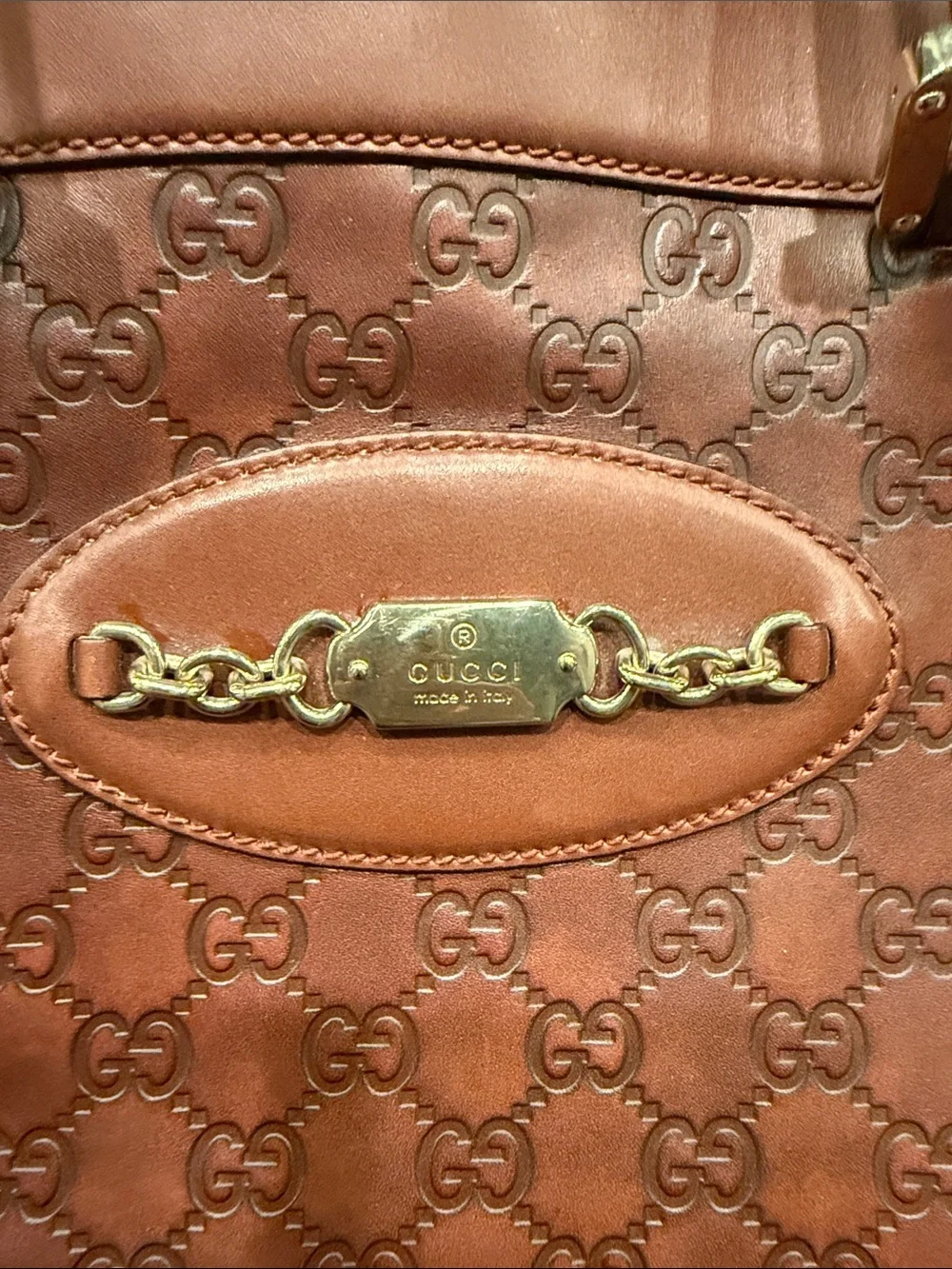 2008 Authentic Gucci Tan Brown GG Monogram Leather Satchel with Gold Hardware